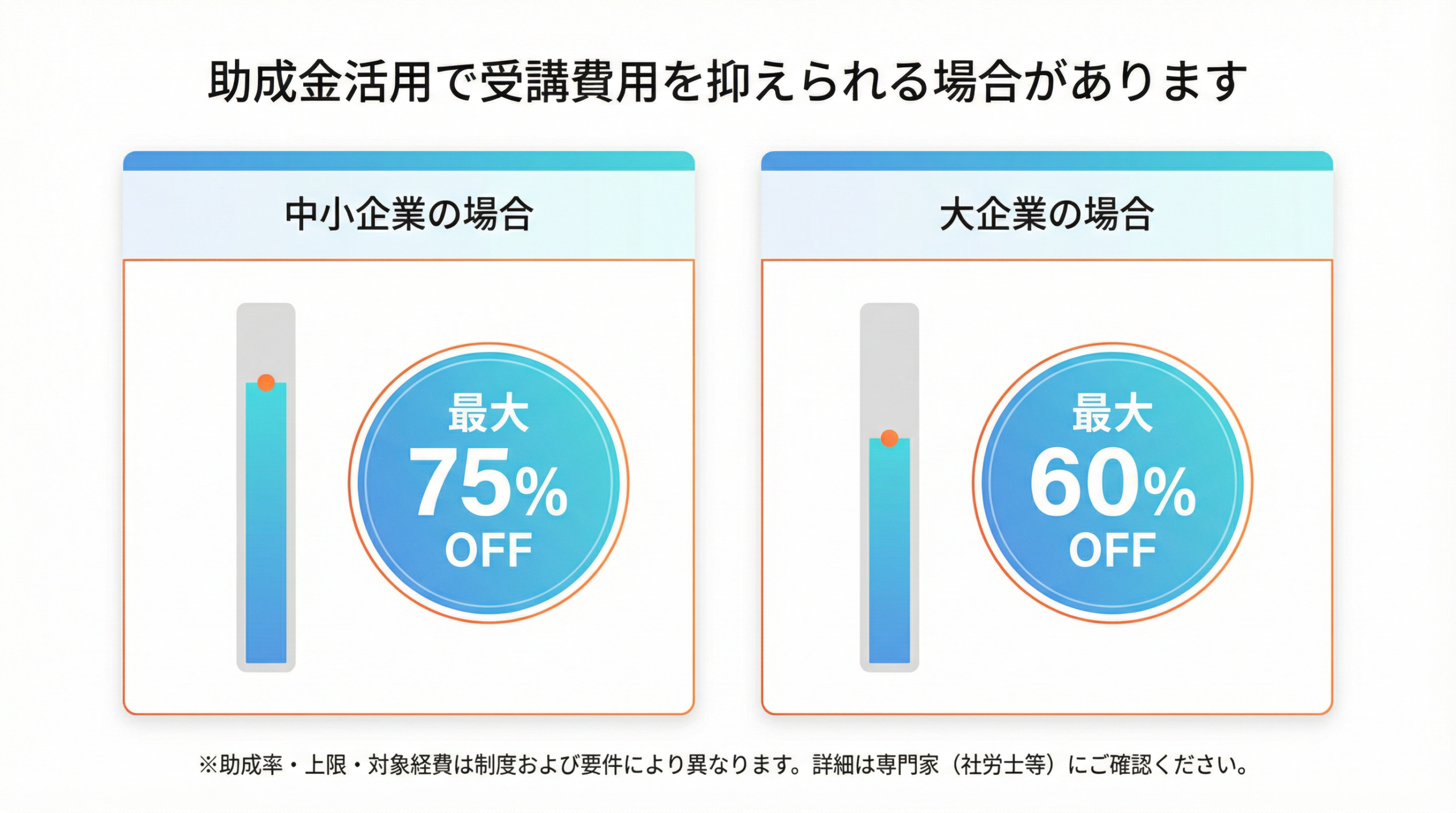 助成金活用による受講費用の軽減イメージ（中小企業：最大75%OFF／大企業：最大60%OFF）